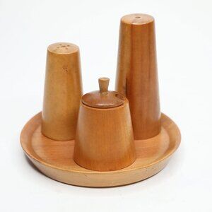 Vintage Teak Wood Salt Pepper Mustard Shaker Set on Tray Mid-Century Modern MCM